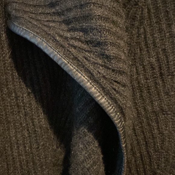 VINCE Black Leather Trim Yak Wool Quiet Luxury Open Front Cardigan Sweater - Picture 5 of 7